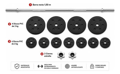 Kit Pesas Barra Recta Discos Pvc Cemento Gimnasio Fitness Barra 150 M 4x3 Kg 6x2 Kg