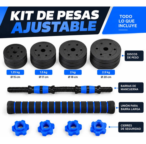 Kit 30kg Barras Mancuernas Discos Forrados Fitness Azul