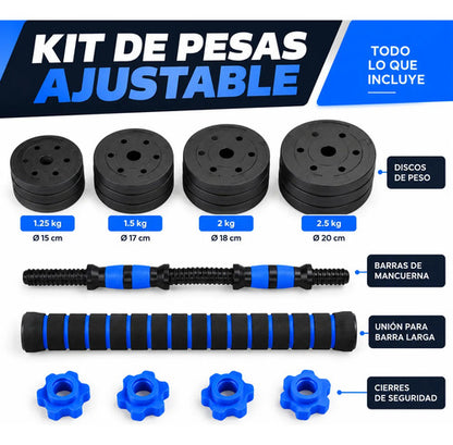 Kit 30kg Barras Mancuernas Discos Forrados Fitness Azul
