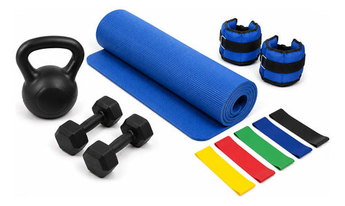 Kit Fitness Gym Casa Pesa Rusa Mancuernas Colchoneta + Yoga Negro