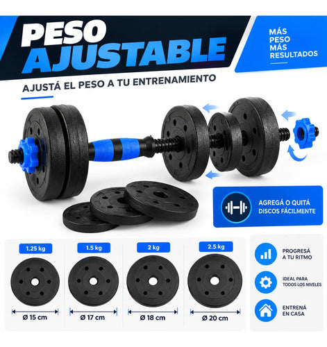 Kit 30kg Barras Mancuernas Discos Forrados Fitness Azul