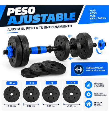 Kit 30kg Barras Mancuernas Discos Forrados Fitness Azul