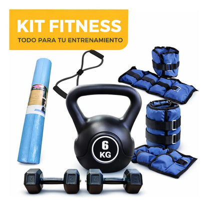 Kit Fitness Completo Pesas Mancuernas Kettlebell Colchoneta Negro