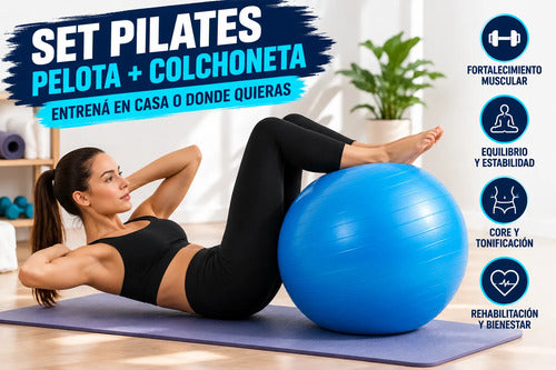 Pelota Pilates 65cm + Colchoneta Yoga Pvc 173*61 3mm Set Colores Surtidos