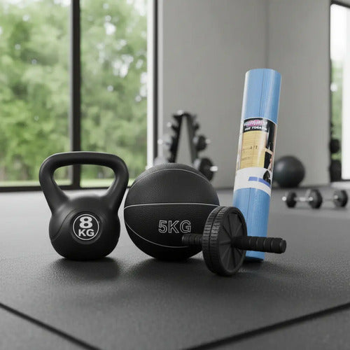 Set Rueda Abdominal+pesa Rusa 8kg Medicine Ball+colchoneta Negro