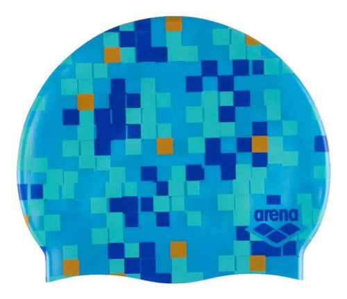 Gorro De Natación Arena Con Estampado De Silicona En 2 Colores, Azul Claro, Diseño De Tela, Tamaño Adulto Adultos