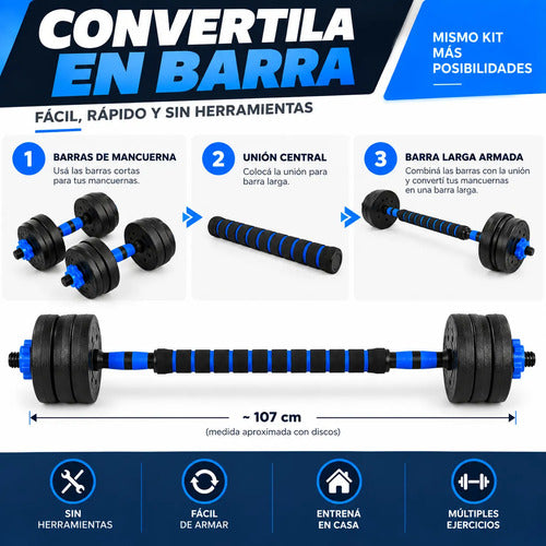 Kit 30kg Barras Mancuernas Discos Forrados Fitness Azul