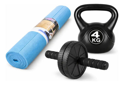 Set Fitness Con Rueda Abdominal, Pesas Rusas Y Colchoneta Multicolor