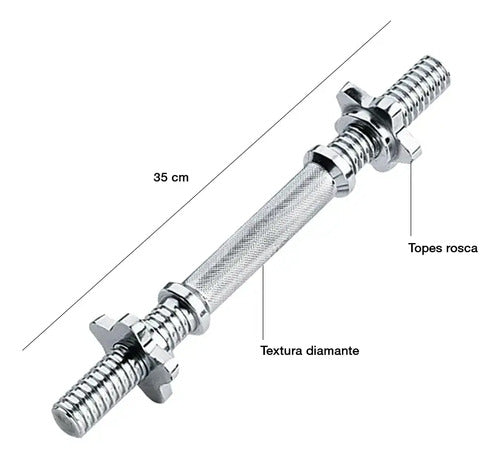 Mancuerna Maciza Cromada De 35cm Para Discos C/ Topes Rosca Plateado