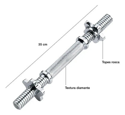 Mancuerna Maciza Cromada De 35cm Para Discos C/ Topes Rosca Plateado