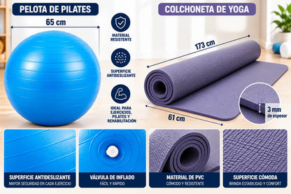 Pelota Pilates 65cm + Colchoneta Yoga Pvc 173*61 3mm Set Colores Surtidos