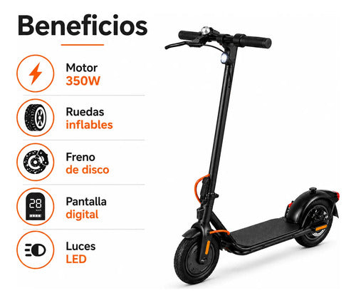 Monopatín Eléctrico 350w Rodado 10 Plegable Hasta 28 Km/h Negro