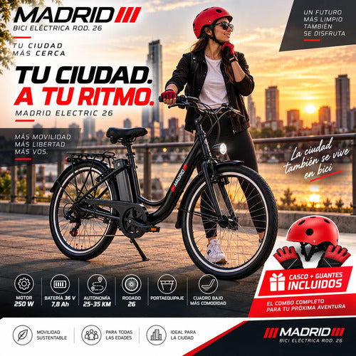 Bicicleta Eléctrica Madrid Rodado 26 250w 36v + Regalos Negro M