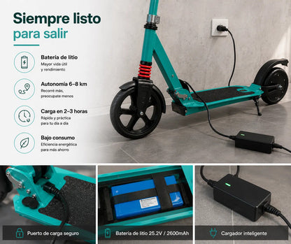 Monopatín Eléctrico Plegable Kds T3 180w Hasta 18 Km/h Verde Agua