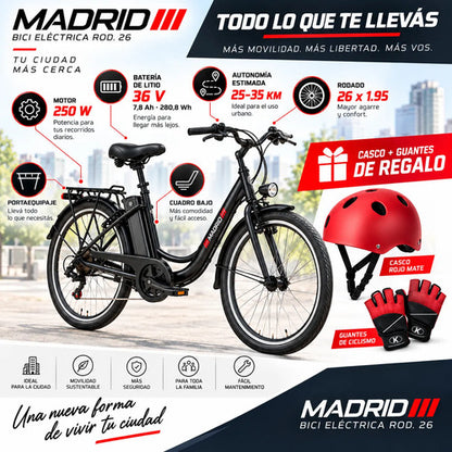 Bicicleta Eléctrica Madrid Rodado 26 250w 36v + Regalos Negro M