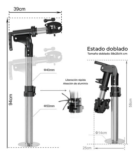 Soporte Reparación Bicicletas 58-94cm Rotación 360 - Zuba Plateado