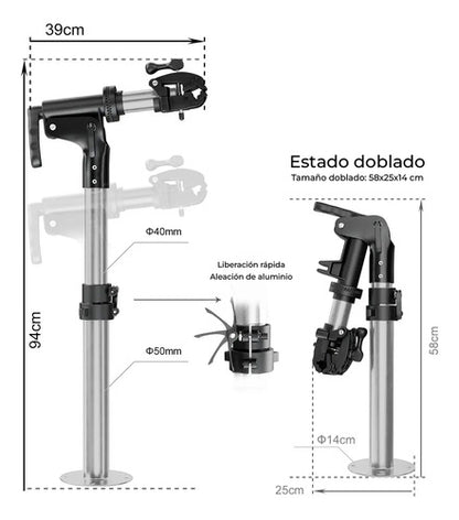Soporte Reparación Bicicletas 58-94cm Rotación 360 - Zuba Plateado