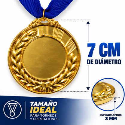 Pack X10 Medallas Deportivas 7 Cm Doradas Con Cinta