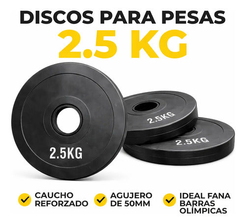 Disco Olímpico Engomado 2.5 Kg Sin Rebote Para Barra Gym Negro