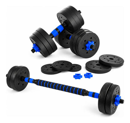 Kit 30kg Barras Mancuernas Discos Forrados Fitness Azul