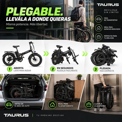 Bicicleta Eléctrica Plegable Taurus Rodado 20 Fat 350w 36v Gris M