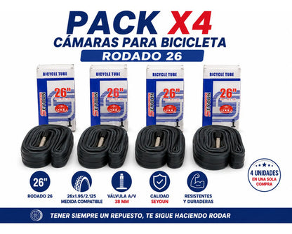 Pack X4 Cámaras Bicicleta Rodado 26 1.95/2.125 Válvula A/v Schrader Negro