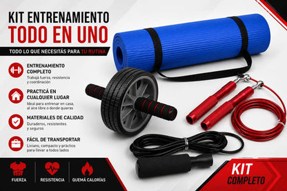 Kit Fitness 4 En 1 Colchoneta Rueda Abdominal Cuerda Saltar Surtido