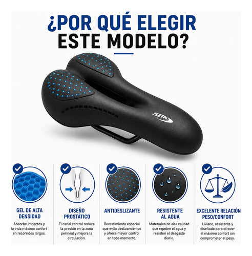 Asiento Bicicleta Mtb Prostático Con Gel Ergonómico Calidad Negro 16.5 Cm