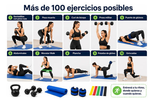 Kit Fitness Gym Casa Pesa Rusa Mancuernas Colchoneta + Yoga Negro