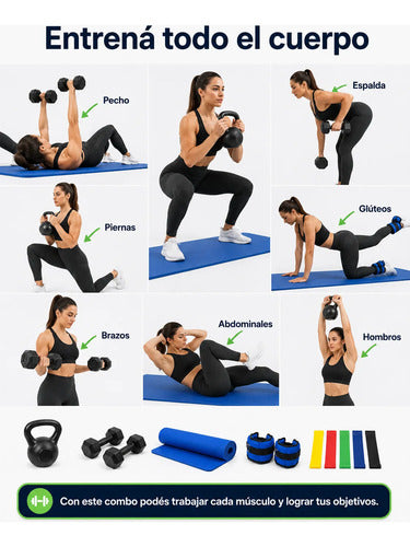 Kit Fitness Gym Casa Pesa Rusa Mancuernas Colchoneta + Yoga Negro