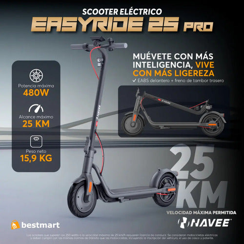 Scooter Eléctrico Navee Easyride 25 Pro 480w Negro