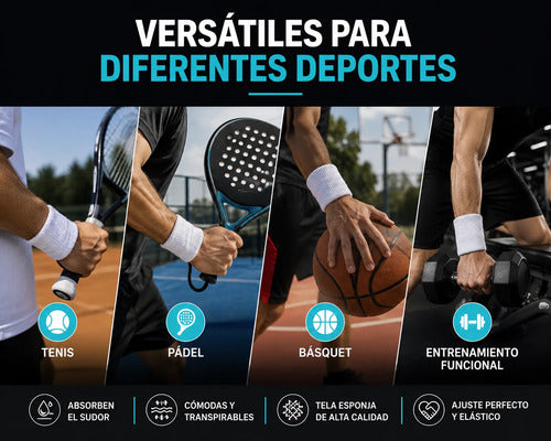 Muñequeras Deportivas Tela Esponja Anchas 10x8cm Set X4 Blanco Unico
