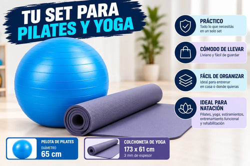 Pelota Pilates 65cm + Colchoneta Yoga Pvc 173*61 3mm Set Colores Surtidos