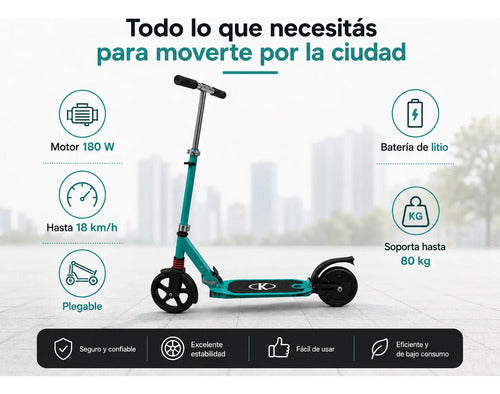 Monopatín Eléctrico Plegable Kds T3 180w Hasta 18 Km/h Verde Agua