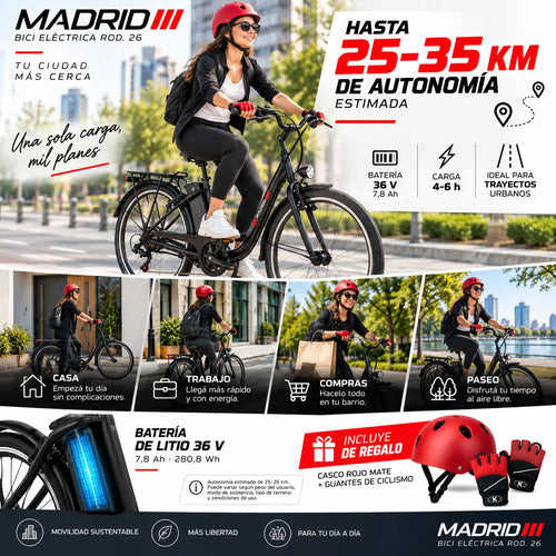 Bicicleta Eléctrica Madrid Rodado 26 250w 36v + Regalos Negro M