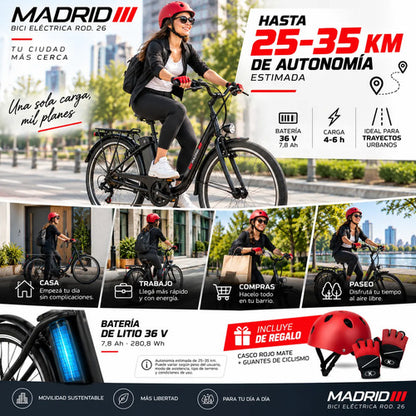 Bicicleta Eléctrica Madrid Rodado 26 250w 36v + Regalos Negro M