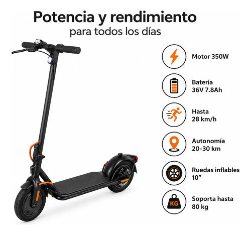 Monopatín Eléctrico 350w Rodado 10 Plegable Hasta 28 Km/h Negro