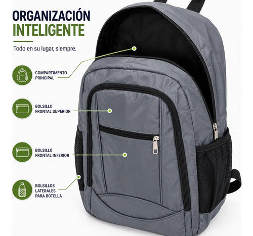 Mochila Escolar Universitaria Negra Reforzada Uso Diario Gris Liso