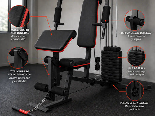 Aparato Multifunción Gimnasio 70kg + Ejercicios Completos Negro Rojo
