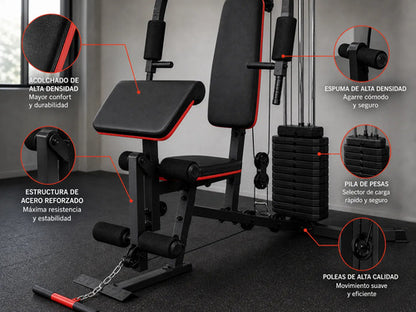 Aparato Multifunción Gimnasio 70kg + Ejercicios Completos Negro Rojo