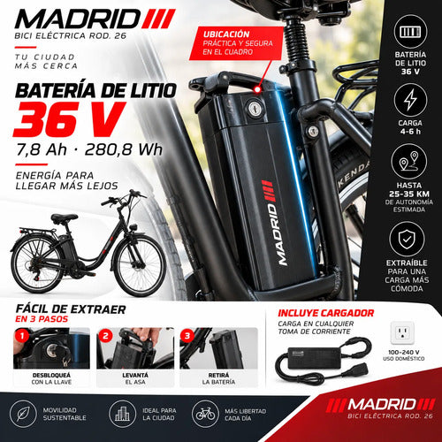 Bicicleta Eléctrica Madrid Rodado 26 250w 36v + Regalos Negro M