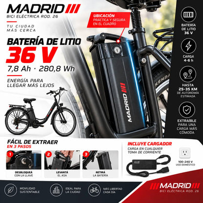 Bicicleta Eléctrica Madrid Rodado 26 250w 36v + Regalos Negro M