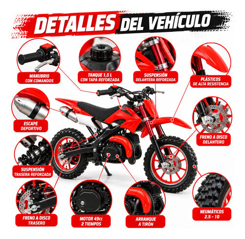 Moto Infantil Mini Cross 50cc - Nafta 2t Arranque Manual Multicolor