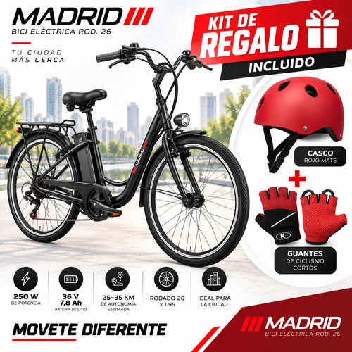 Bicicleta Eléctrica Madrid Rodado 26 250w 36v + Regalos Negro M