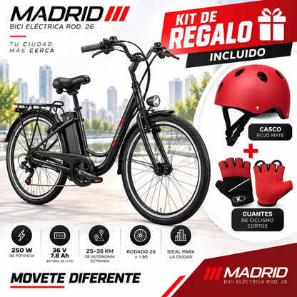 Bicicleta Eléctrica Madrid Rodado 26 250w 36v + Regalos Negro M