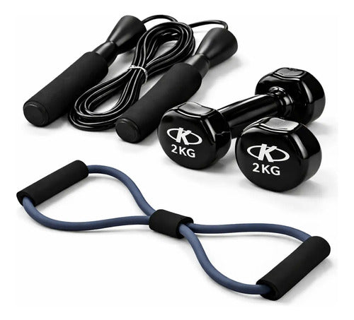 Kit Fitness 2 Mancuernas 2kg, Cuerda Salto Y Banda Elástica Surtido