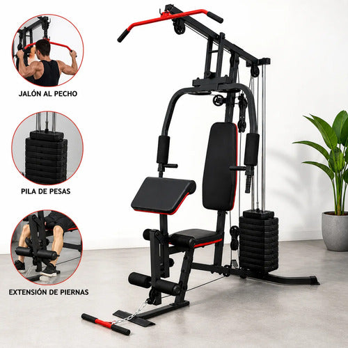 Aparato Multifunción Gimnasio 70kg + Ejercicios Completos Negro Rojo