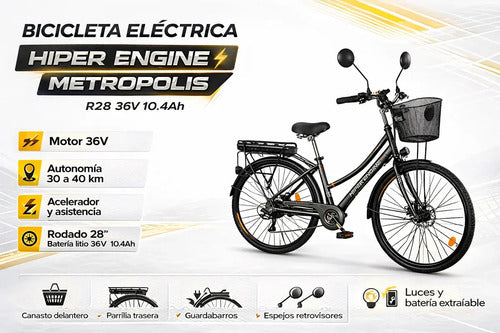 Bici Eléctrica Hiper Engine Metropolis Urbana Rodado 28 Gris Oscuro M