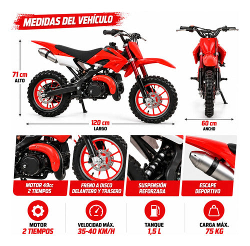 Moto Infantil Mini Cross 50cc - Nafta 2t Arranque Manual Multicolor