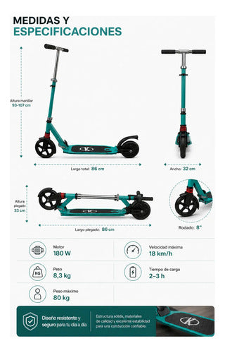 Monopatín Eléctrico Plegable Kds T3 180w Hasta 18 Km/h Verde Agua